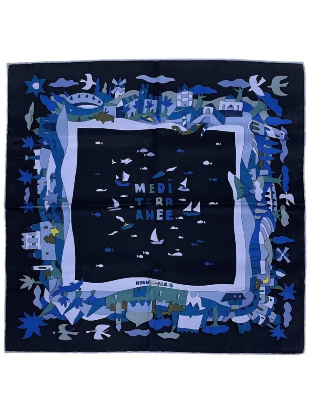 Hermes Petit Carre Mediterranee Scarf Mediterranean Silk Black Blue